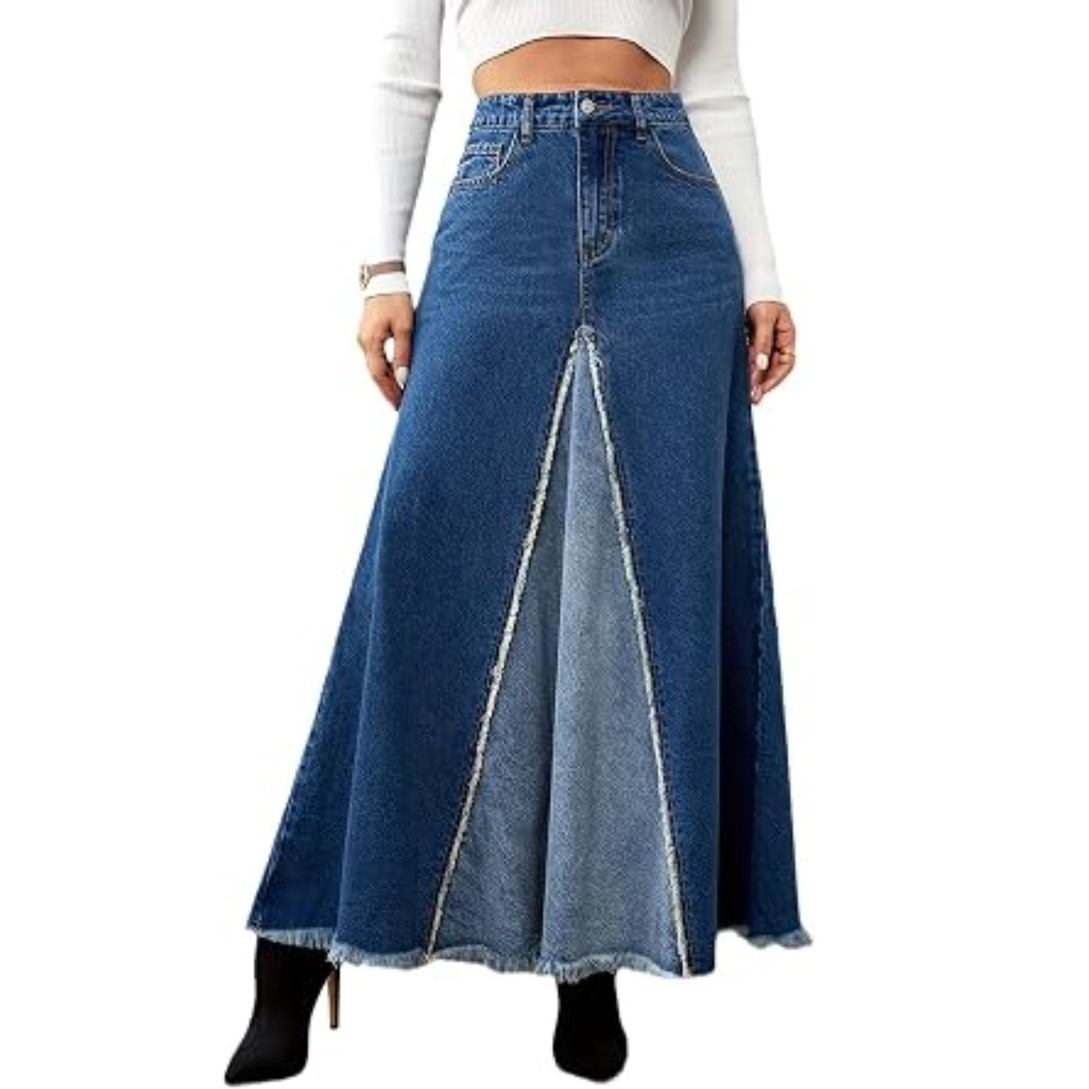 Denim Blue Patchwork Maxi Skirt A-Line Raw Hem Frayed Size 8 High waist